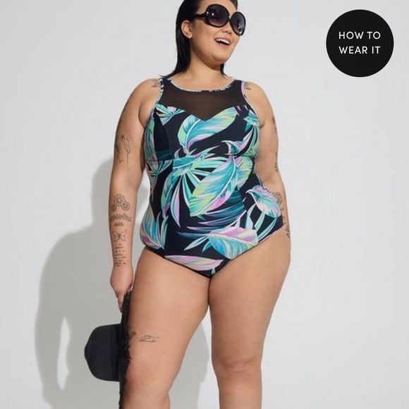 Torrid Wireless Mesh High Neck One Piece Swimsuit Pretty Summer Leaves Black NEW - Picture 2 of 7